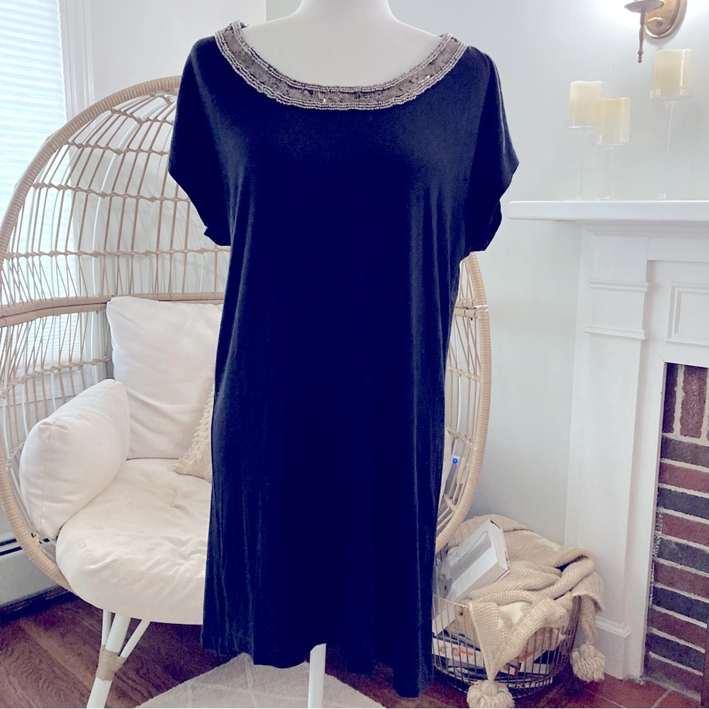 Wyeth Black Metallic Beaded Neckline Shift Dress Size XL Date Night Stretchy